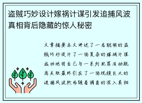 盗贼巧妙设计嫁祸计谋引发追捕风波真相背后隐藏的惊人秘密 盗贼巧妙设计嫁祸计谋引发追捕风波真相背后隐藏的惊人秘密